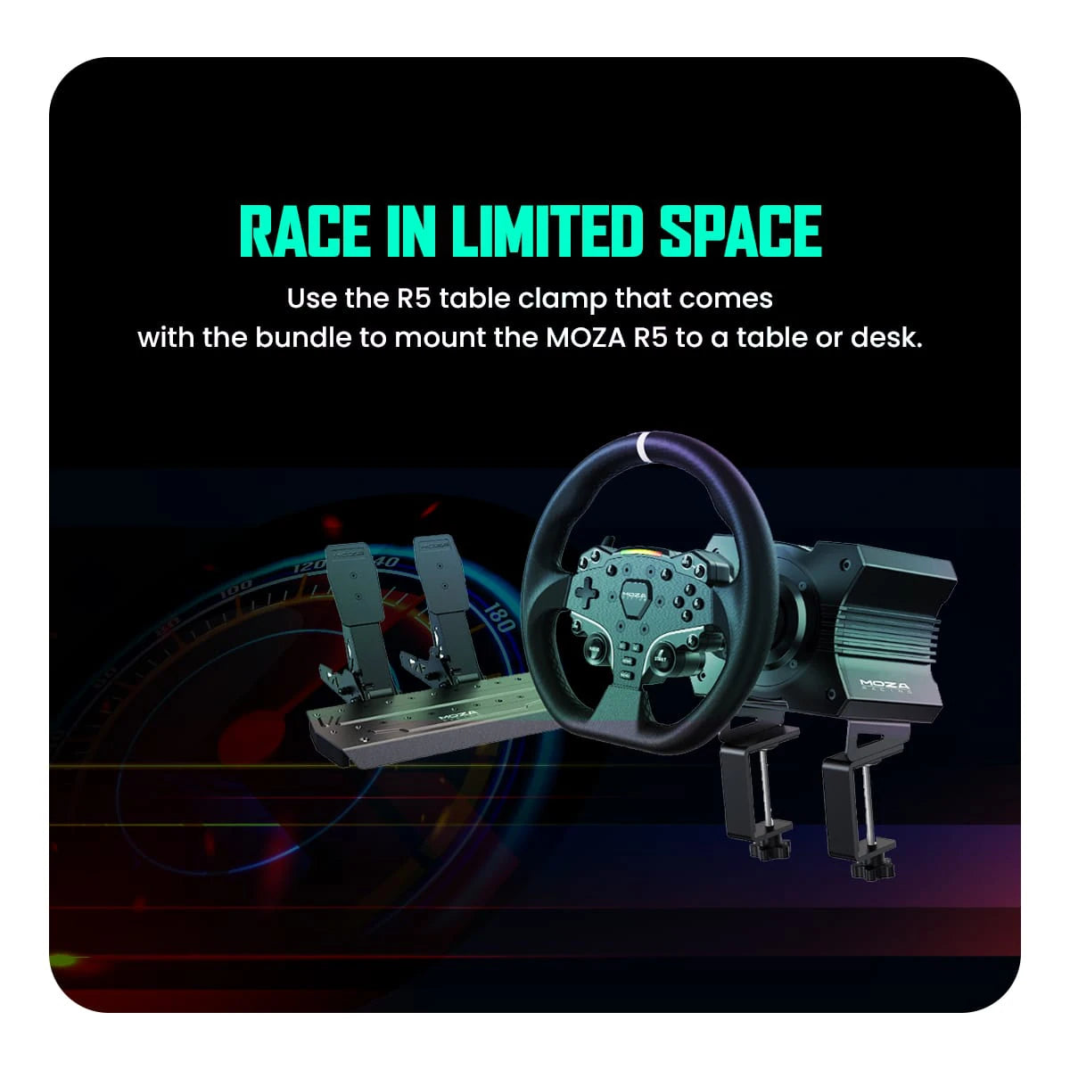 Moza R5 Racing Bundle for PC, R5 Wheelbase, SR-P Lite Pedals, Table Clamp